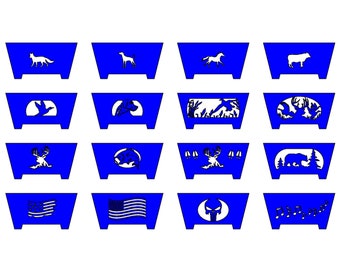 Diseños de fogatas de 76 cm de ancho x 38 cm de alto, con animales salvajes, perros, calaveras y banderas. Solo DXF. Requiere soldadura.
