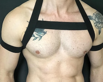 Black Elastic Chest Harness with Bicep Straps, Custom Fit Rave Outfit