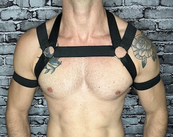 Black Chest Harness Mens Body With Arm Bands, Clip-On Under Pec Strap, Made-to-measure ALL SIZES Gay Pride Festival Queer Circuit Party