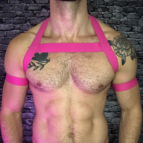 Arnés de pecho rosa Cuerpo para hombre, correas elásticas hechas a medida TODOS LOS TAMAÑOS Jockstrap, brazaletes, Gay Pride Festival Circuit Party LGBT Club