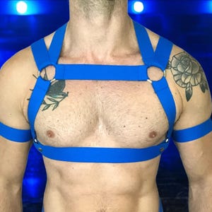 Blue Chest Harness & Bicep Bands, Elastic Custom Fit Gay Harness, LGBTQ Pride Festival Outfit, Men Circuit Party Fetish Gear, Blue Rave Wear