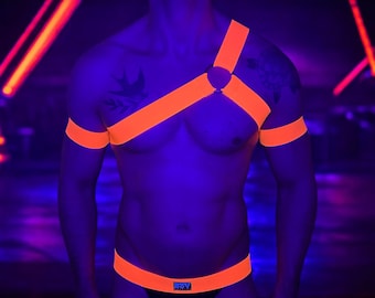 Heren borstharnas neonoranje Spartaanse krijger kostuum UV-glow festival rave harnas, op maat gemaakt gay pride outfit UV-circuit feestkleding