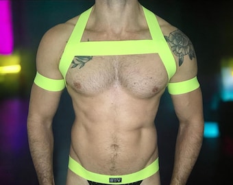 Neon Yellow Chest Harness, Bicep Bands, Jockstrap, Made-to-measure Gay Club Circuit Party Outfit