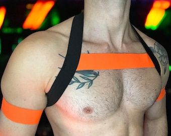 Neon Orange Chest Harness, Bicep Bands, Optional Chest Ring. UV Club wear, Blacklight Rave Outfit, Bright Festival Body Wear, Gay Glow Party