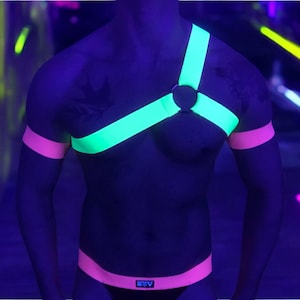 Mens Chest Harness, Neon Pink, & Yellow Jockstrap, UV Bicep Bands, Neon Gay Club Gear, Neon Rave Outfit, Custom Fit, Gay Neon Matching Set