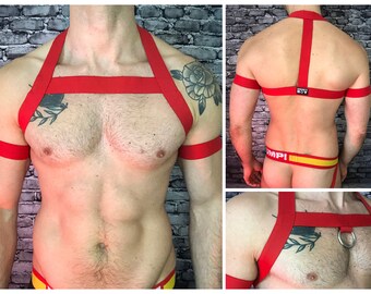 Red Chest Harness Mens Body, Made-to-measure Elastic Straps, Jockstraps, Arm Bands, Gay Club Circuit Party Pride Festival LGBT Queer Fashion