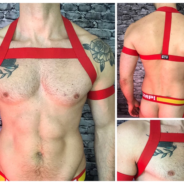 Harnais torse rouge pour homme, bretelles élastiques sur mesure, jockstrap, brassards, fête de la fierté du circuit des clubs gays, mode LGBT