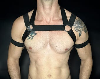 Black Elastic Rave Harness with Bicep Bands, Mens Clubwear, Gay Circuit Party Outfit
