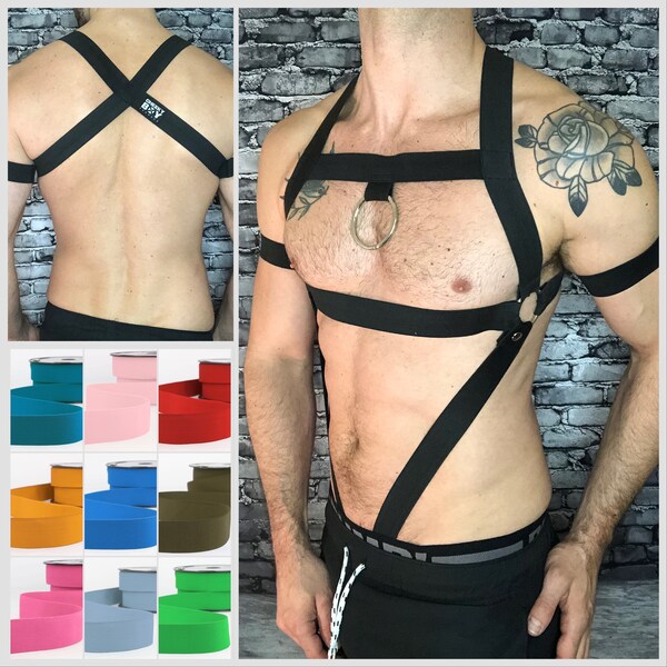 Harnais pour homme polyvalent avec brassards, bretelles élastiques sur mesure, toutes les tailles et toutes les couleurs, équipement de club de fête gay, mode lgbt queer