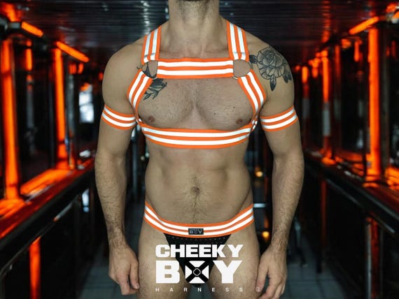 Mens Hi-Vis Chest Harness, Neon Orange Custom Workwear, UV Tradesman Outfit, Club Gay Circuit Party Gear, Trade Costume Festival Co-ord Set