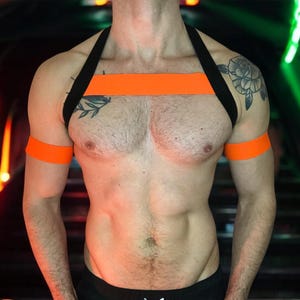Mens Neon Orange Chest Harness, Optional Chest Ring, Custom Size, Jockstrap, Bicep & Thigh Bands, UV Glow Clubwear, Gay Pride Party Outfit