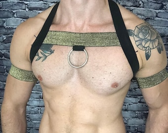 Mens Sparkly Chest Harness, Optional O-Ring, Elastic Bodywear for Clubbing, Raves, Circuit Parties and Festivals,
