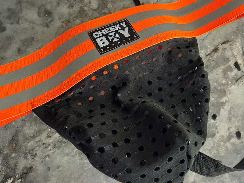 Mens Hi-Vis Chest Harness, Neon Orange Custom Workwear, UV Tradesman Outfit, Club Gay Circuit Party Gear, Trade Costume Festival Co-ord Set image 8