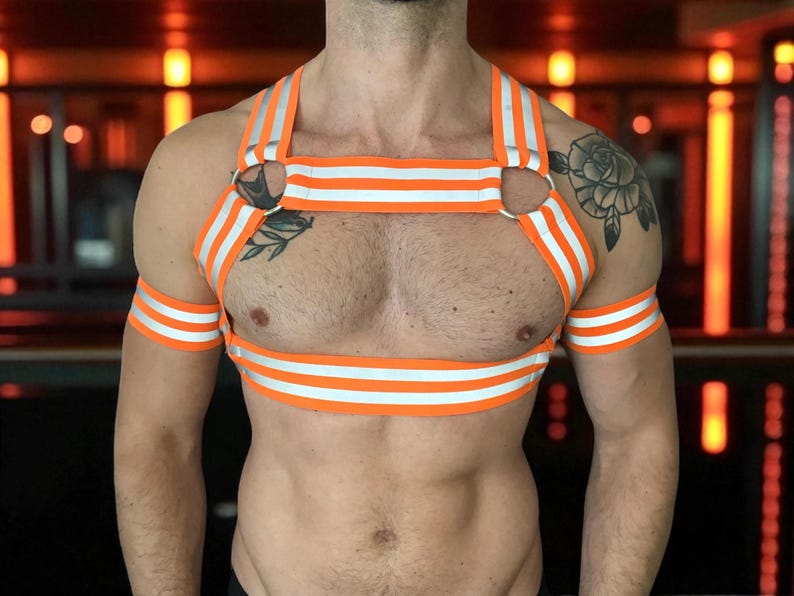 Mens Hi-Vis Chest Harness, Neon Orange Custom Workwear, UV Tradesman Outfit, Club Gay Circuit Party Gear, Trade Costume Festival Co-ord Set image 2