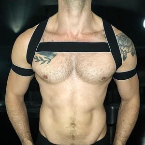 Black Elastic Chest Harness With White Trim, Includes Matching Bicep Bands, Handmade Clubwear For Men, Gay Pride, Fetish, Festival, Ravewear