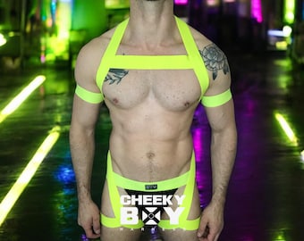 Mens Neon Harness Set with Bicep Bands, Custom Fit UV Club Gear for Clubbing, Raves, Circuit Parties and Festivals