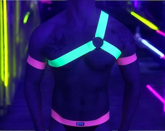 Mens Chest Harness, Neon Yellow and Pink, with Arm Bands. Optional Jockstrap & Thigh Bands