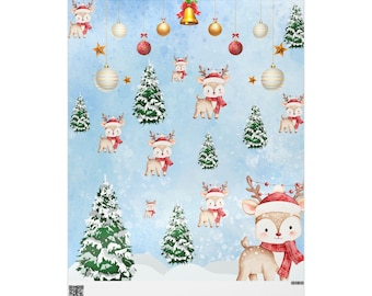 May include: A festive Christmas-themed print featuring watercolor illustrations of reindeer wearing Santa hats and red scarves, interspersed with Christmas trees, ornaments, and stars against a light blue background.