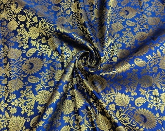 Indian Brocade Fabric Blue & Gold Jacquard Fabric, Wedding Dress Gown Saree Fabric, Indian Brocade For Wedding Bridal Dresses Fabric By Yard