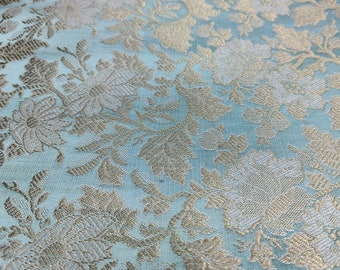 Tessuto broccato tagliato a misura, tessuto broccato indiano, tessuto broccato blu acqua e oro, tessuto broccato abito da sposa tagliato a misura/metro