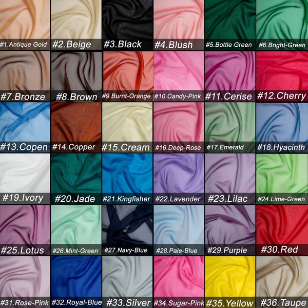 36 Farben Hochwertiger seidiger Chiffon-Stoff, leichter und weicher Chiffon-Stoff, für Bekleidung, Kostüme, Dekorationsstoffe Schüttgut