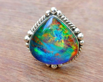 Attraente anello opale Aurora, anello in argento impilabile 925, anello opale in argento, anello delicato, gioielli opale al quarzo Aura, anello Boho regalo per lei