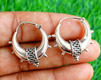 Traditional Earring 925 Sterling Silver, Chunky Silver Hoops, Handmade Vintage Ethnic Style Hoops Earrings, Earring for Women Gift for Her