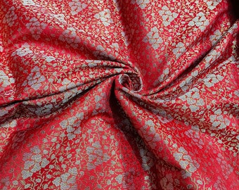 Handloom Red Kimkhab Brocade Fabric, Brocade Fabric By Yard, Indian Brocade Fabric, Indian Brocade For Wedding Bridal Dresses Fabric By Yard