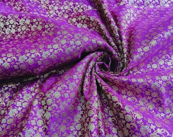 Brocade Fabric By The Yards, Indian Brocade Fabric, Purple And Silver Brocade Fabric, Wedding Bridal Dress Brocade Fabric By The Yard/Meter