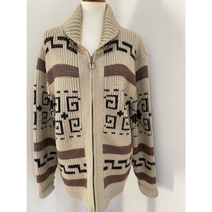 Hand knitted Canadian Caribou themed Cowichan Cardigan 44”chest
