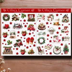 Stickers Noël Vintage - Set #4 de 2 Planches - Décorations, Couronnes, Boules, Cadeaux & Maison de Noël - Scrapbooking, Planner, DIY