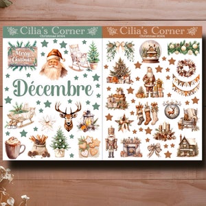 Vintage december kerststickers – gezellige decoraties met kerstman, teugels, dennenbomen en cacao – scrapbooking en bullet journal