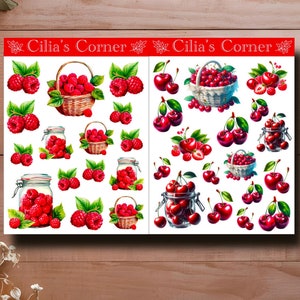 Lot de 2 planches de stickers fruits rouges – Stickers cerises et framboises pour journaling, scrapbooking et décoration