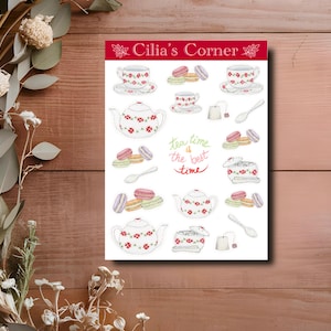 Stickers Tea Time – Planche de stickers thé & macarons – Stickers bujo, scrapbooking, planner, journaling – Illustration aquarelle fait main