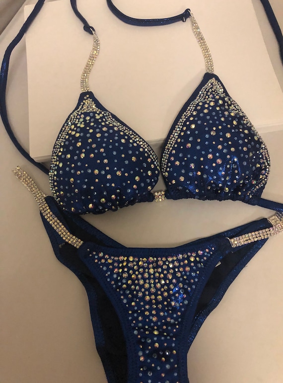 Royal Blue competition Bikini posing suit custom made rhinestone NPC IFBB bikinis
