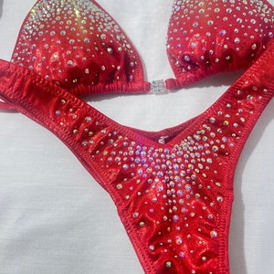 Stunning Red wellness bikini competition suit posing NPC IFBB wellness women&#39;s wellness bikini Rhinestone bikini contest suit high waist