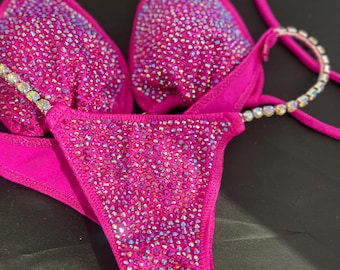Hot Pink Rhinestone Competition Bikini: IFBB NPC Posing Suit, Custom Made