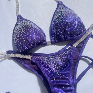 Dark Purple competition Bikini posing suit custom made rhinestone NPC IFBB bikinis