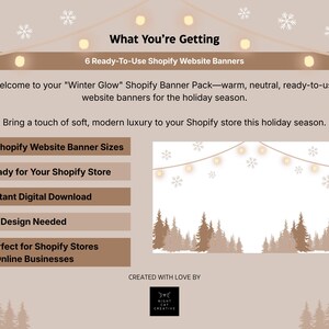 May include: A digital product advertisement for "Winter Glow" Shopify website banners. The image features text about the product, including banner sizes, instant download, and ready-to-use designs. The design has a winter theme with snowflakes and trees.