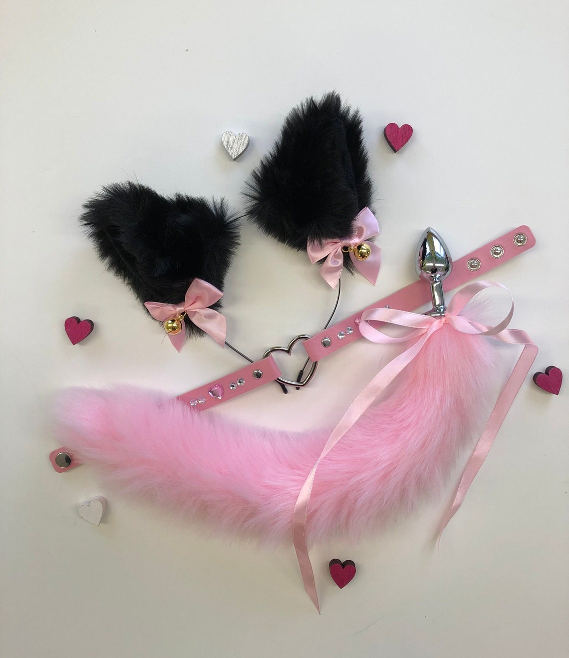 Petplay Gear, Kitten Play Gear, Tail Butt Plug, Mature Black/rose Pet