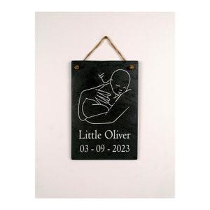 Gifts for Newborn Child Baby | Personalised Custom Art Drawing | Natural Slate Deep Engraved | Single Line Art | Rustic Unique Bespoke Gift