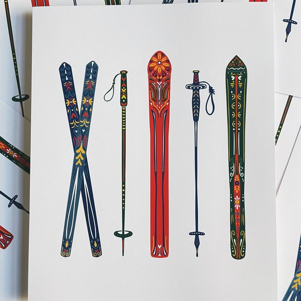 Nordic Skis Print - 8x10 - Cabin Art - Ski Art - Winter Decor - Modern Cabin