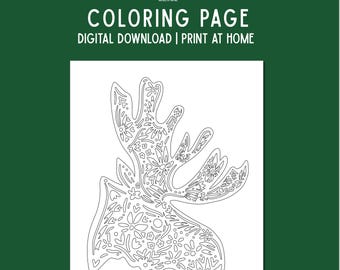 Floral Moose Coloring Page: Nordic Nature Art (PDF Letter Size)