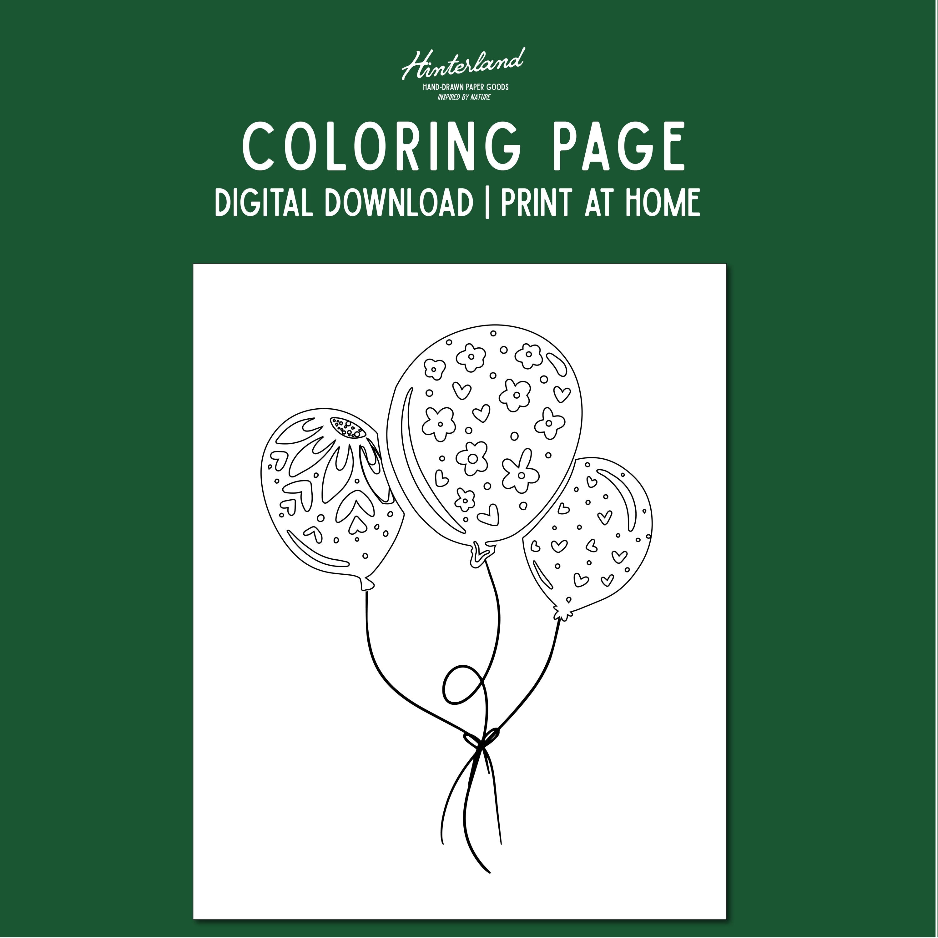 Nature Birthday Balloon Coloring Page - Hand-drawn Print at Home Coloring - Digital Download - Letter- PDF