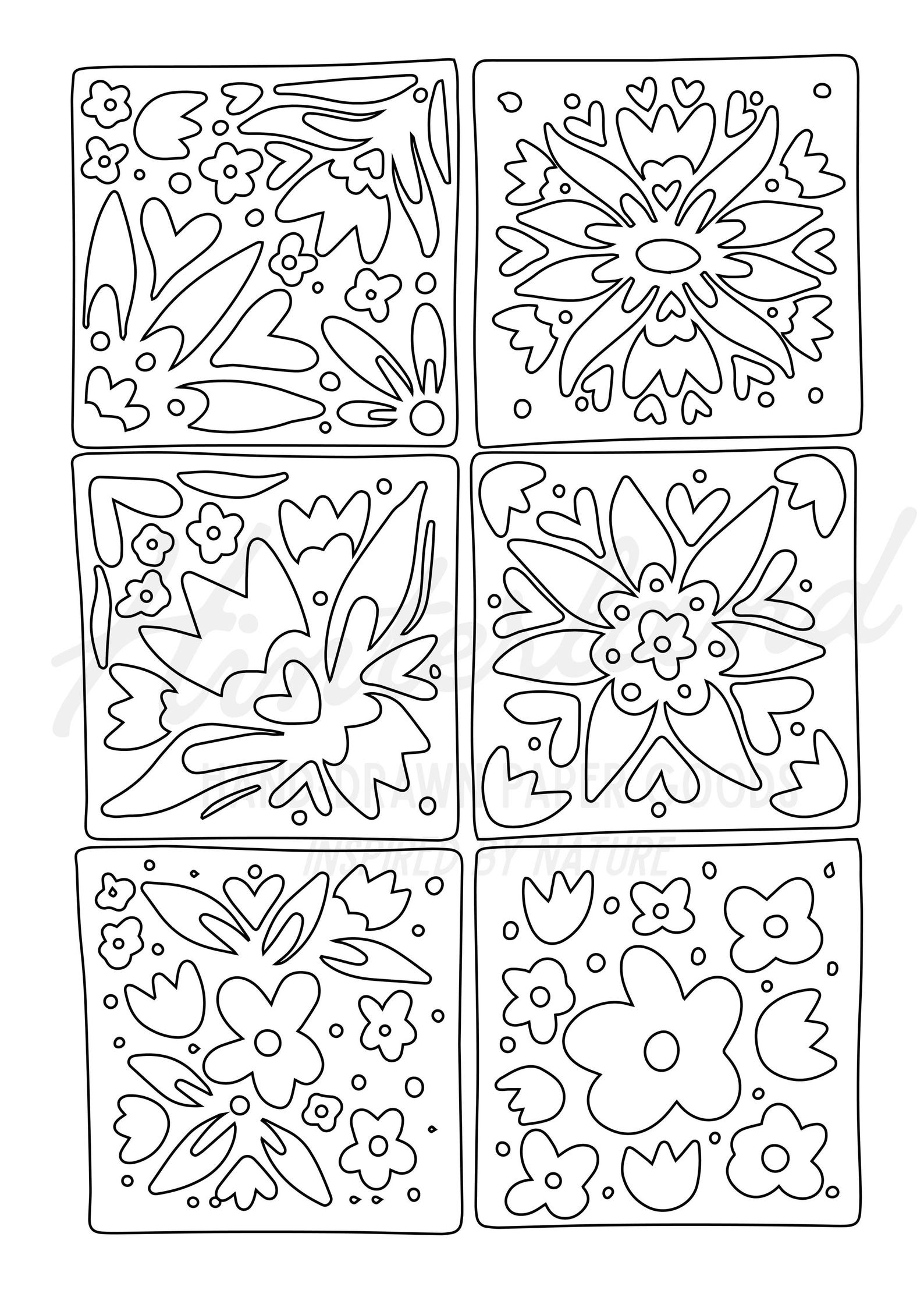 Floral Checkerboard Coloring Page: Hand-drawn Nature Theme (PDF Letter ...