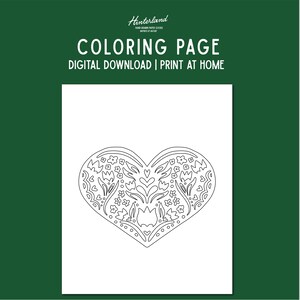 Página para colorir de coração floral - Impressão desenhada à mão para colorir em casa - Coração nórdico - Download digital - Carta - PDF