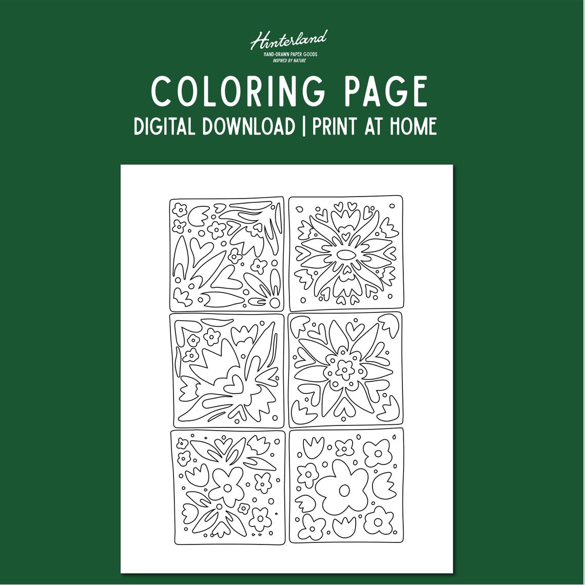 Floral Checkerboard Coloring Page: Hand-drawn Nature Theme (PDF Letter ...