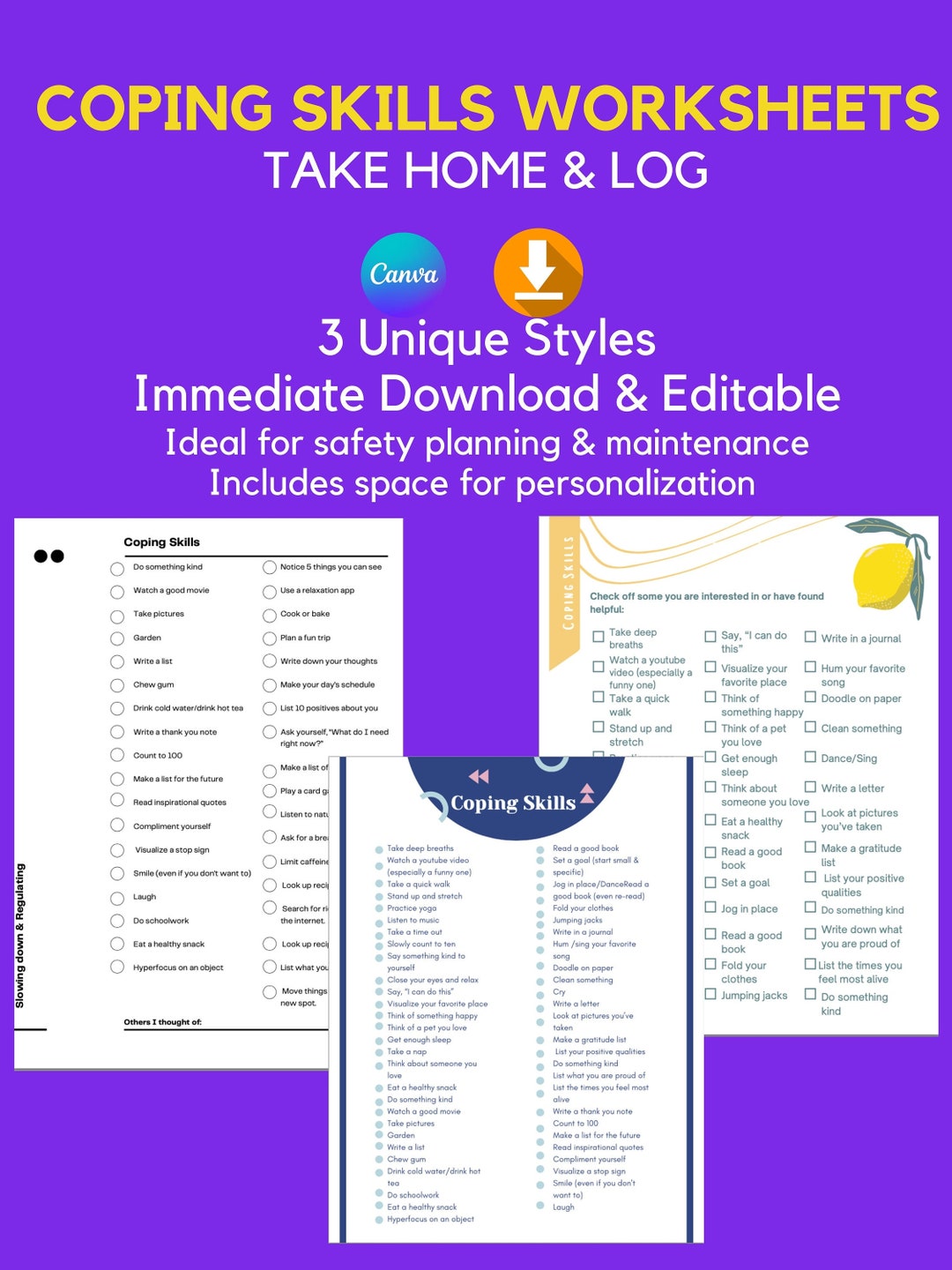 Coping Skill Worksheets - Etsy