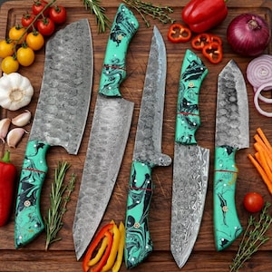 5 Piece Damascus Steel Knife Set, Handmade Chef Knives, Raindrop Pattern Kitchen Knife Set, Hammered Blade Knives,with Leather Bag