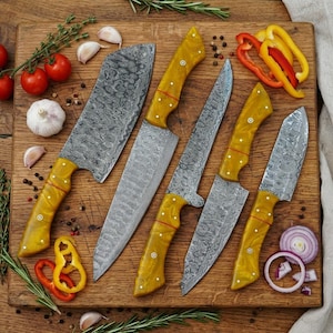 5 Piece Damascus Steel Knife Set, Handmade Chef Knives, Raindrop Pattern Kitchen Knife Set, Hammered Blade Knives,with Leather Bag
